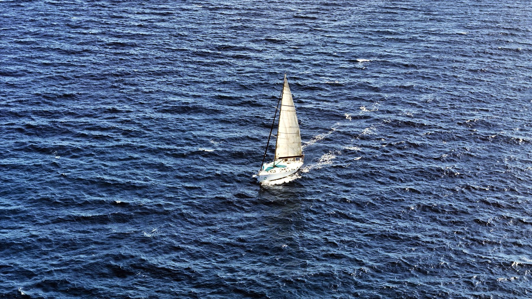 Un voilier sous voiles vu du ciel, équipage à la manœuvre